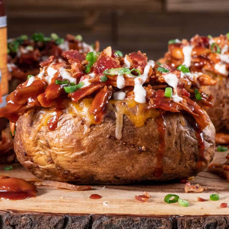 BBQ Pulled Chicken & Bacon Loaded Baked Potato
