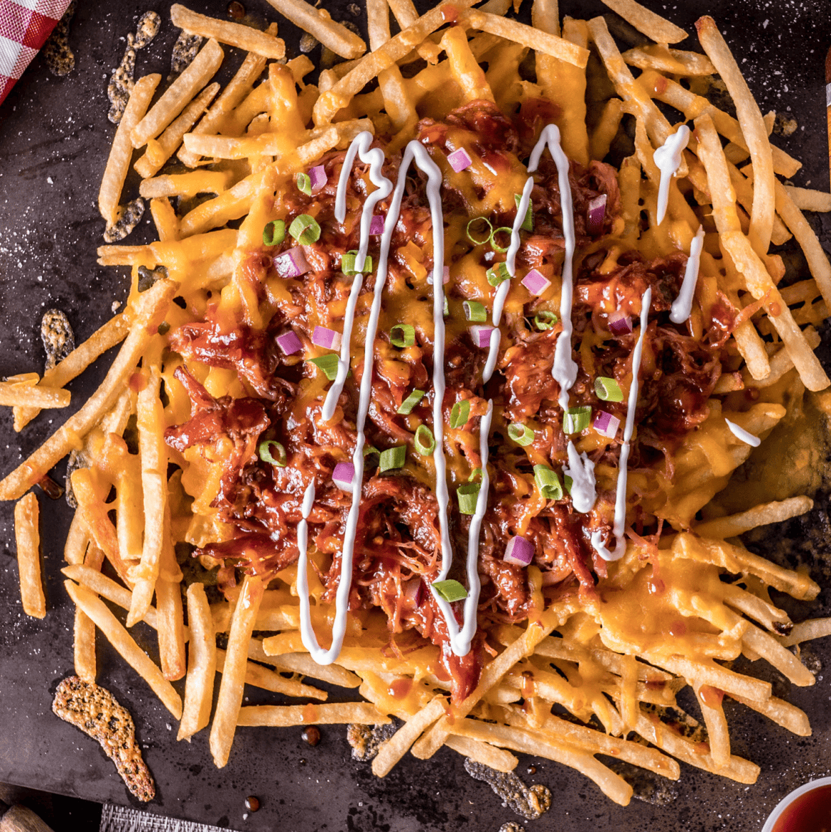 Roasted Garlic BBQ Pulled Pork Loaded Fries