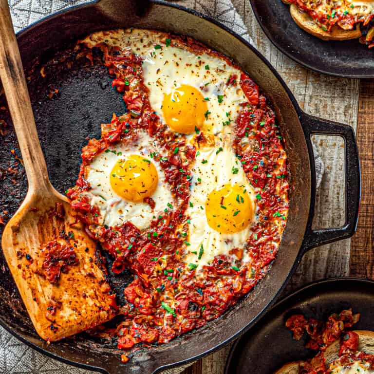 Blackened Eggs in Purgatory with Kinder's Cali Blackened Rub