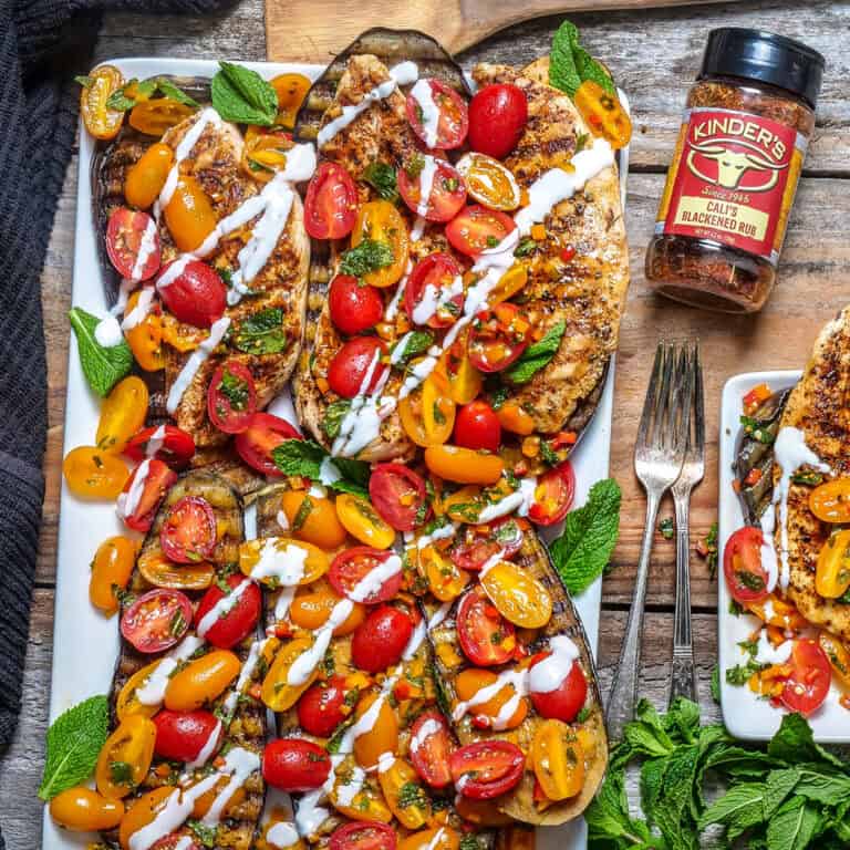 Blackened Grilled Eggplant & Tomato Basil Salad