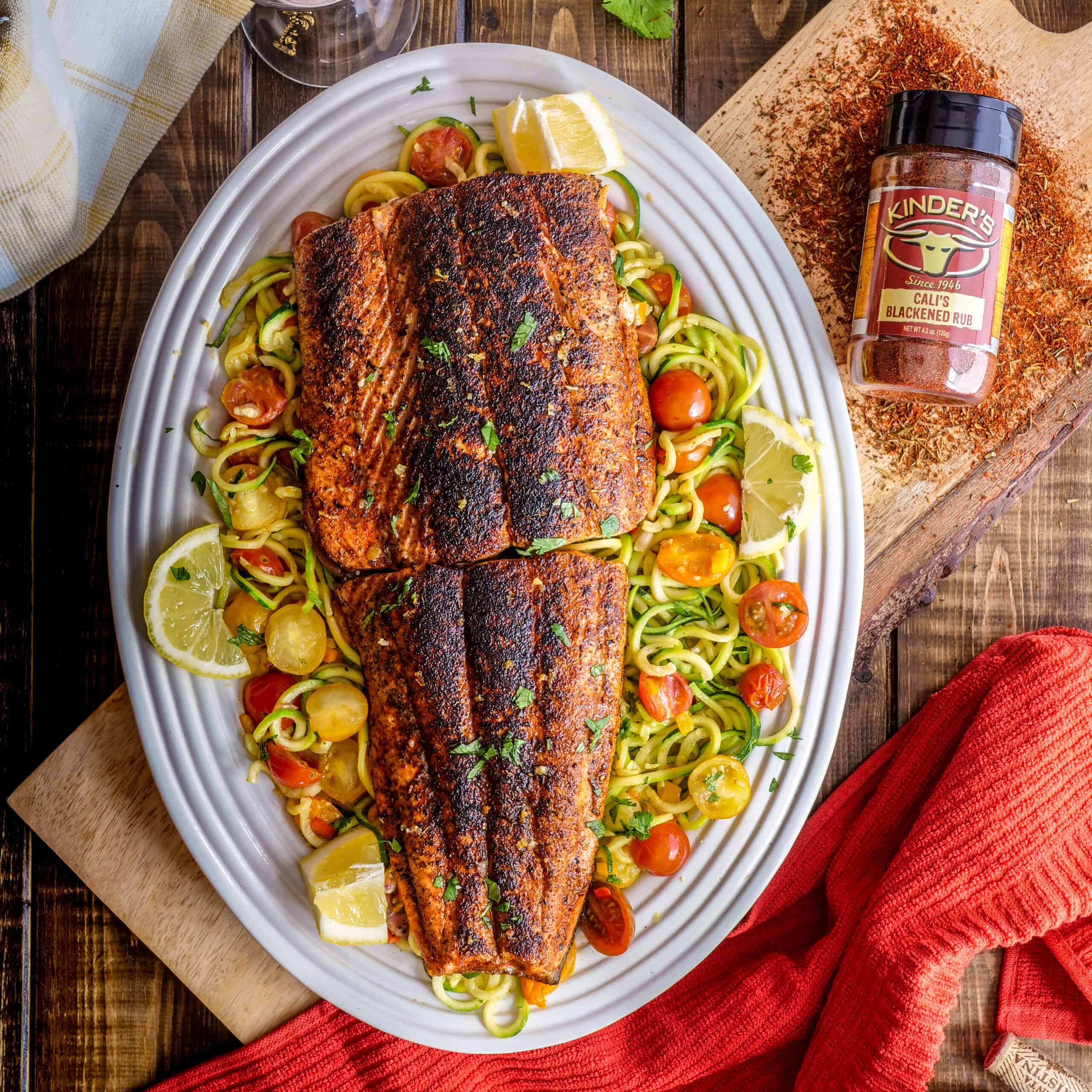 Blackened Salmon Over Zoodles