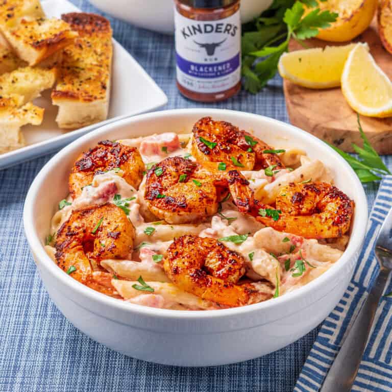 Blackened Shrimp Penne Pasta with Kinder's Cali Blackened Rub