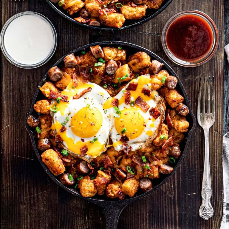 Brown Sugar Tater Tots with Bacon, Sausage & Buttery Eggs