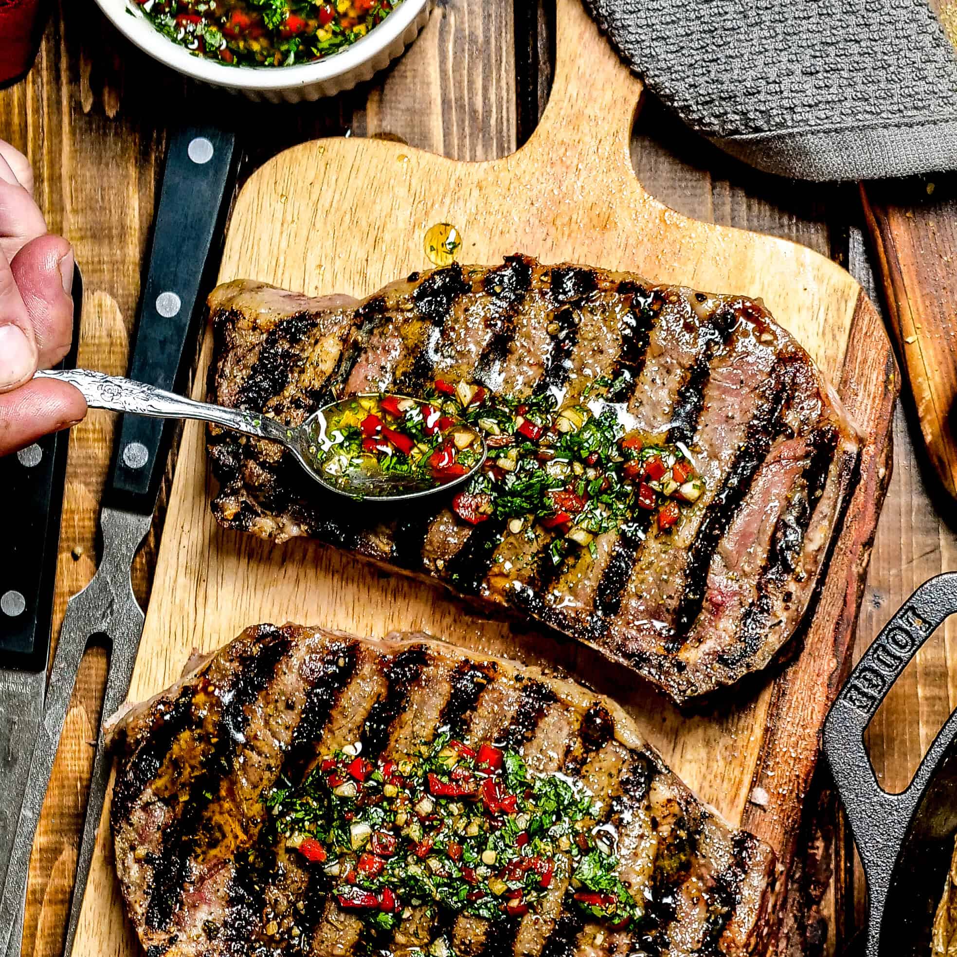 Buttery Steakhouse NY Strip Steaks with Chimichurri