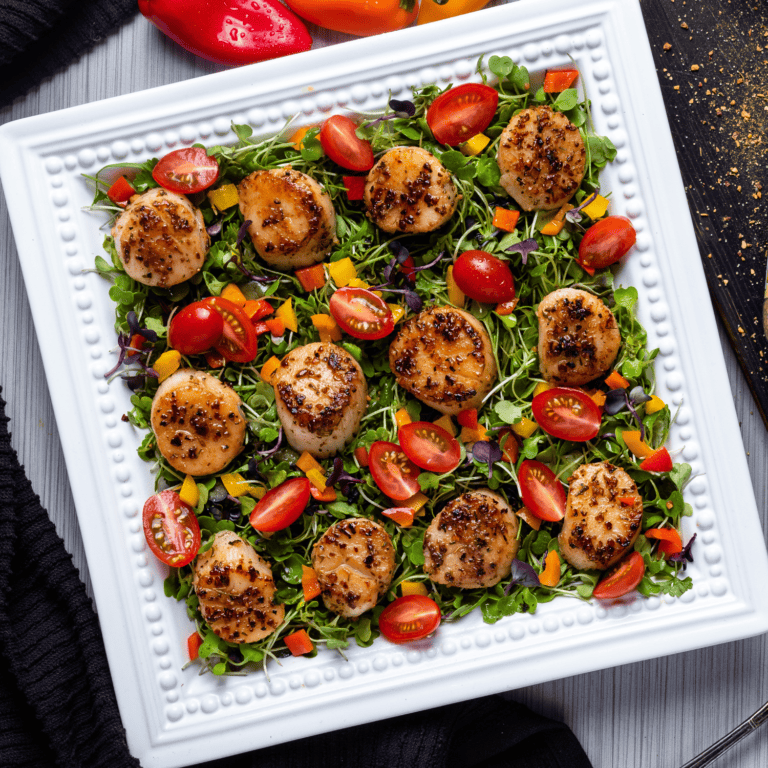 Buttery Steakhouse Seared Scallops With Peppers And Grape Tomato Salad