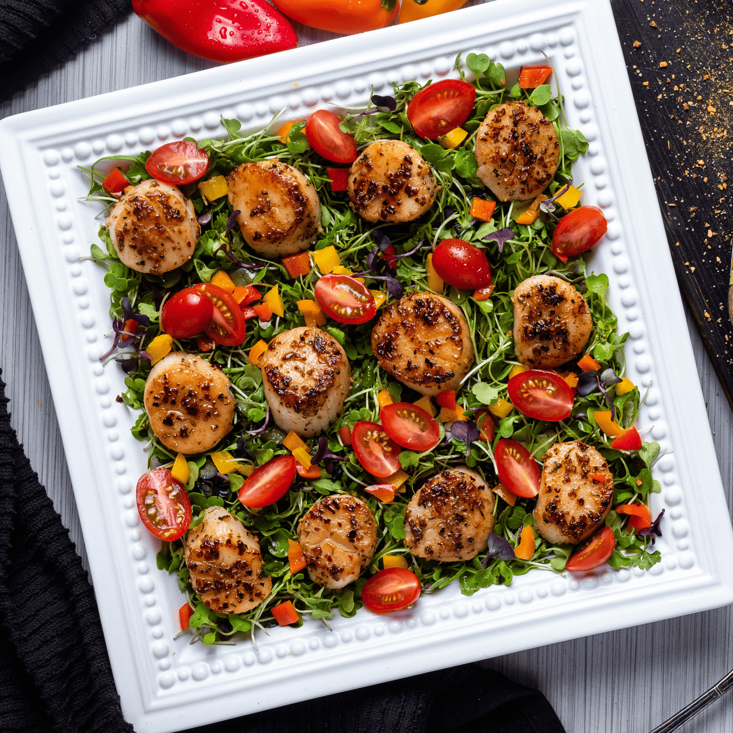 Buttery Steakhouse Seared Scallops with Peppers and Grape Tomato Salad