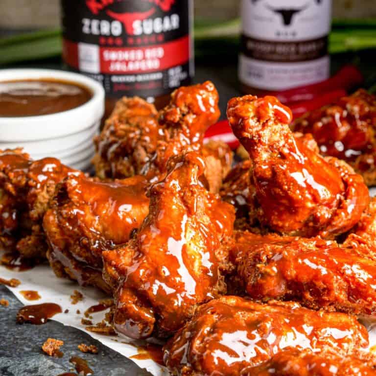 Crispy Fried Chicken Wings with Red Jalapeño BBQ Sauce