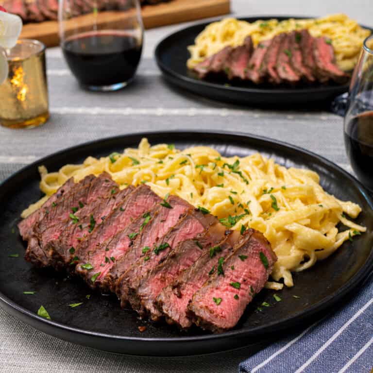 Fettuccine Alfredo with Pan-Seared NY Steak and Kinder's The Blend