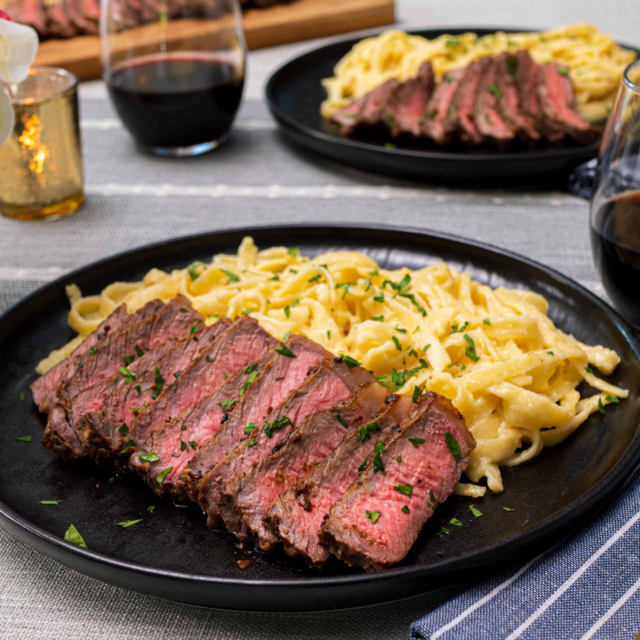Fettuccine Alfredo with Pan-Seared NY Steak and Kinder's The Blend