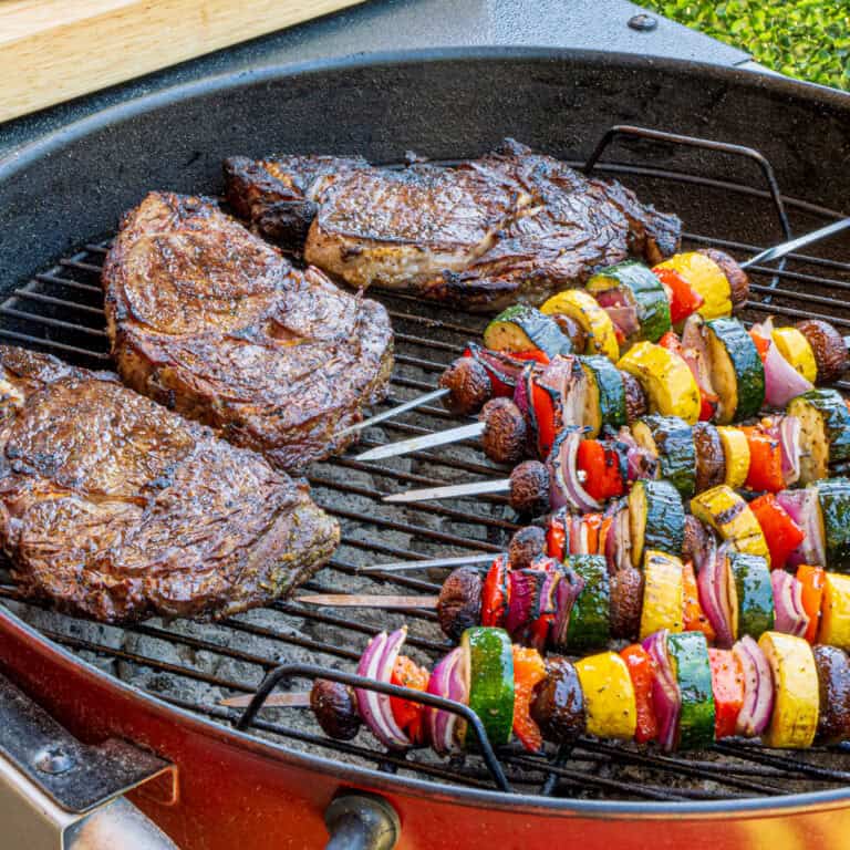 Grilled Buttery Steakhouse Ribeyes & The Blend Veggie Skewers