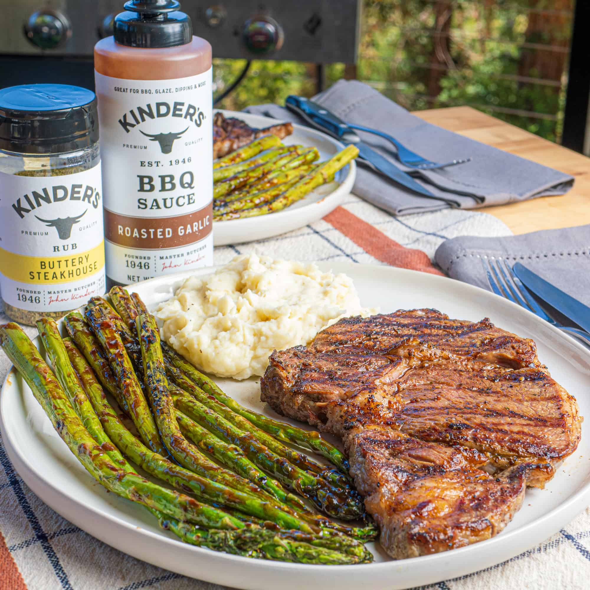 Grilled Ribeyes & Roasted Garlic BBQ Asparagus