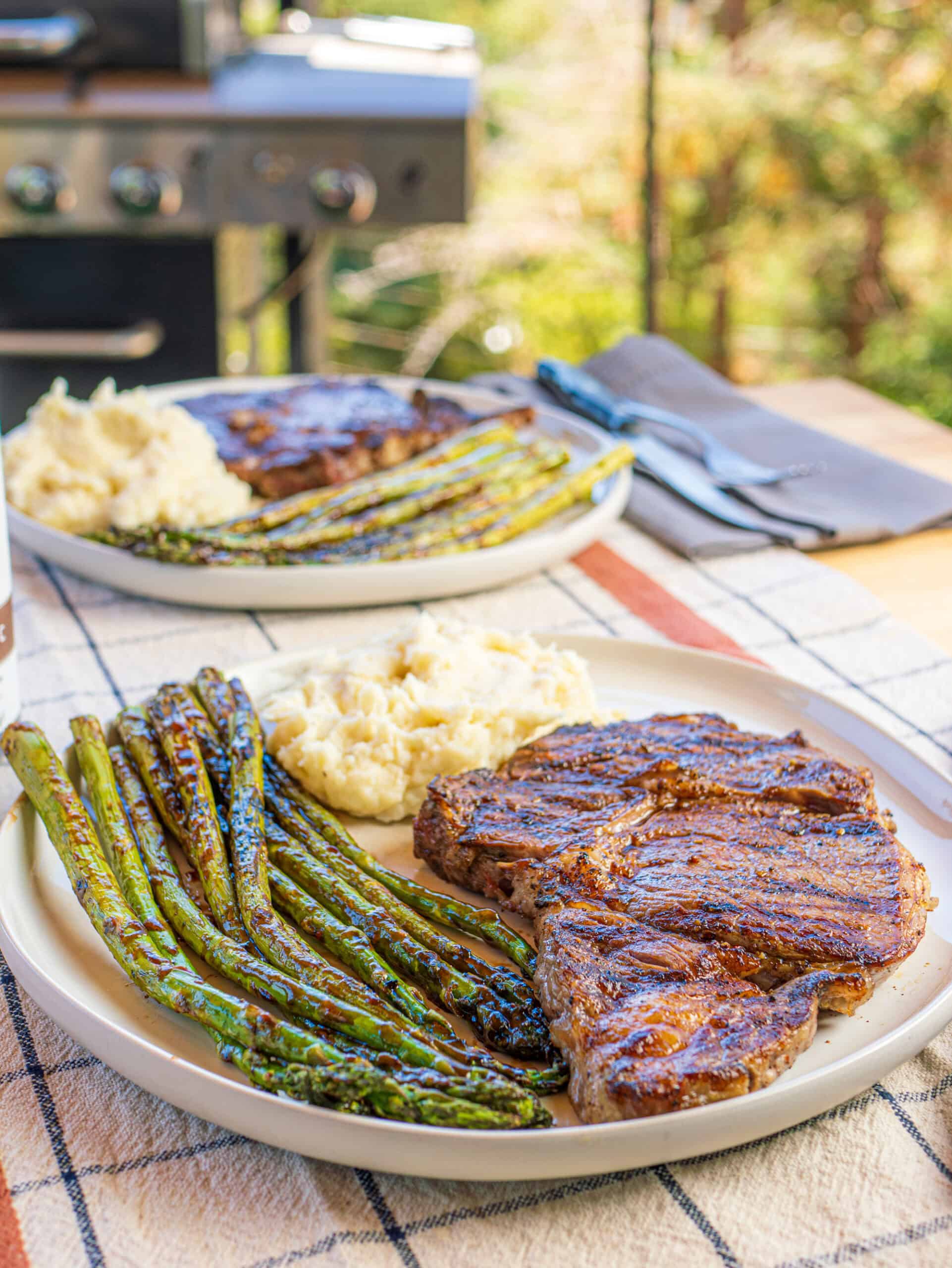 Grilled Ribeyes & Roasted Garlic BBQ Asparagus