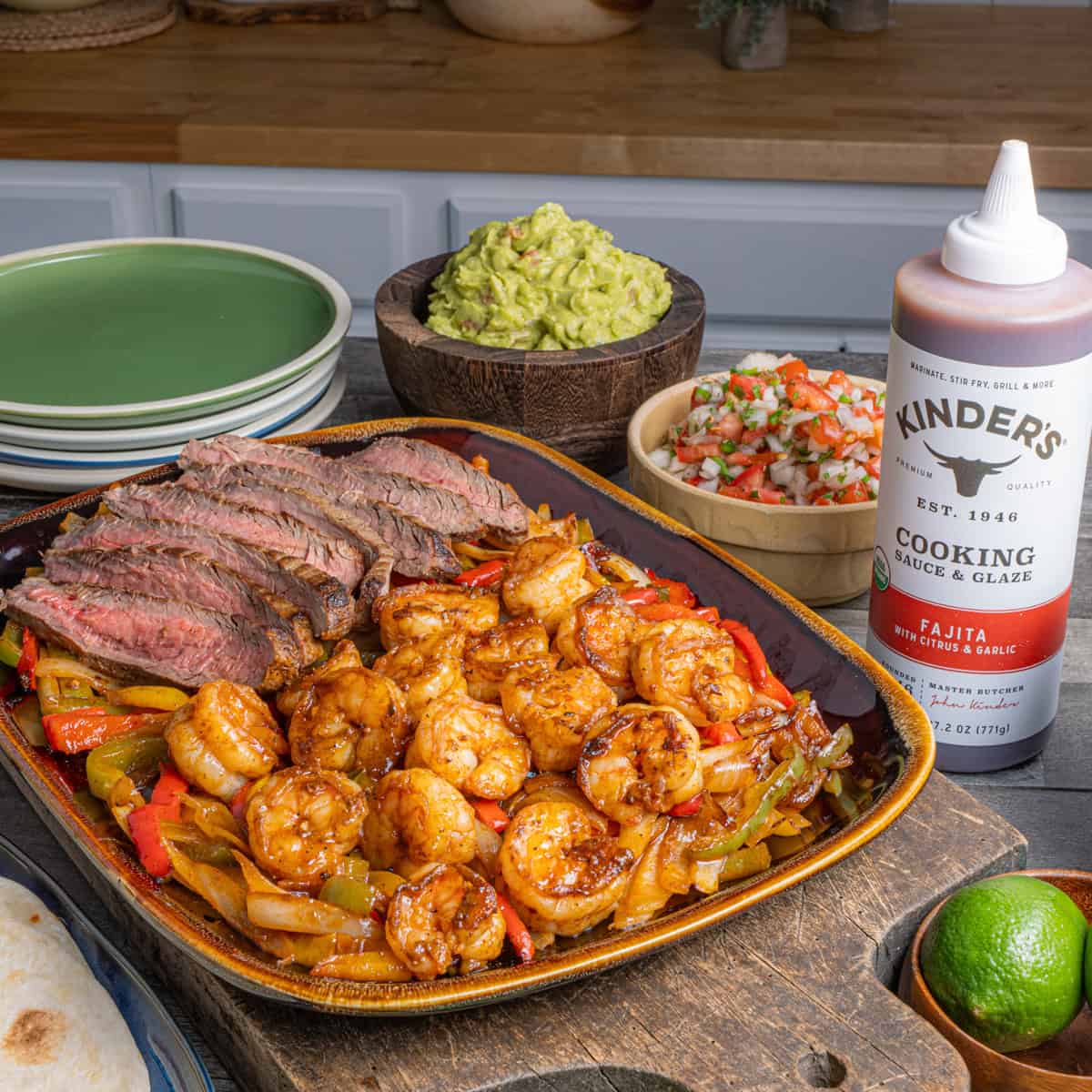 Shrimp and Steak Fajitas with Kinder's Fajita Sauce