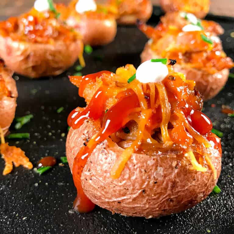 Slow Cooker Pulled Pork Mini Twice Baked Loaded Red Potatoes