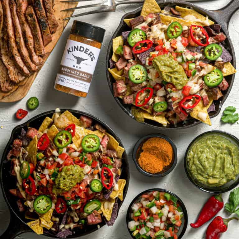 Woodfired Garlic Flank Steak Skillet Nachos with Queso