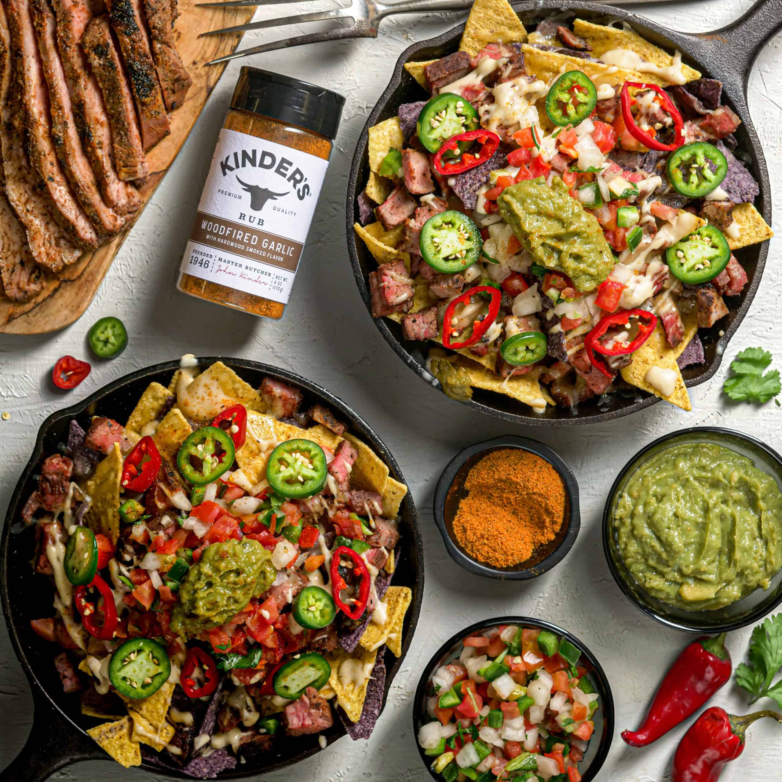 Woodfired Garlic Flank Steak Skillet Nachos with Queso