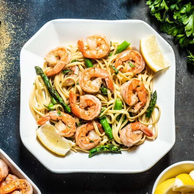 Lemon Pepper Shrimp Pasta with Garlic Butter Asparagus