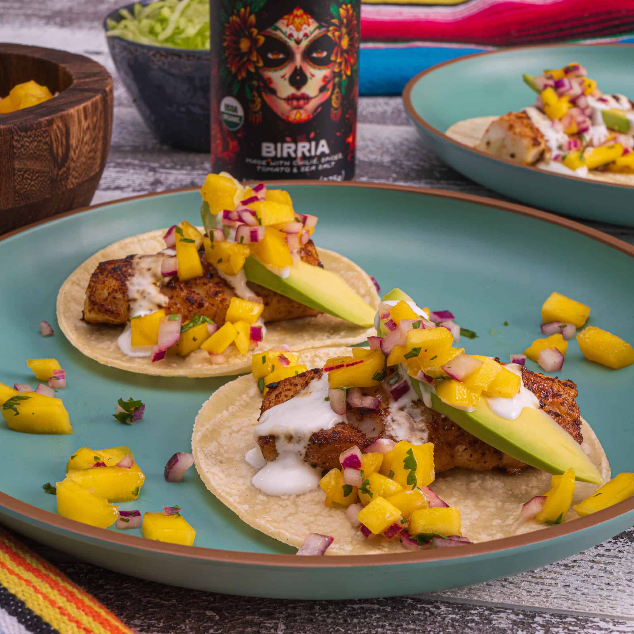 Birria Fish Tacos with Mango Salsa