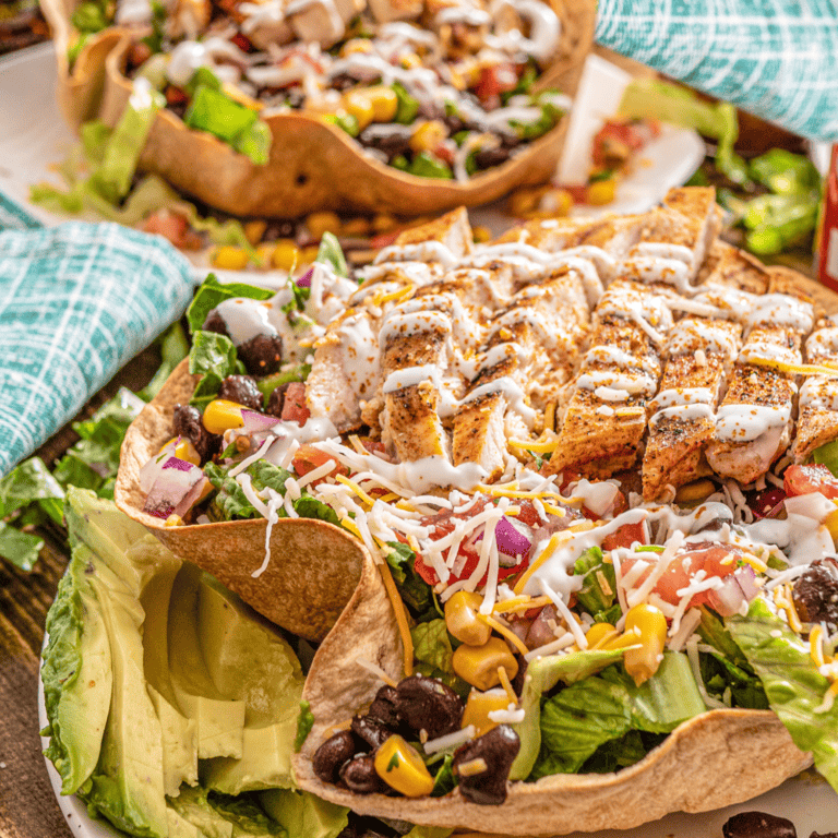 Taco Chicken Tostada Salad with Crispy Baked Shells