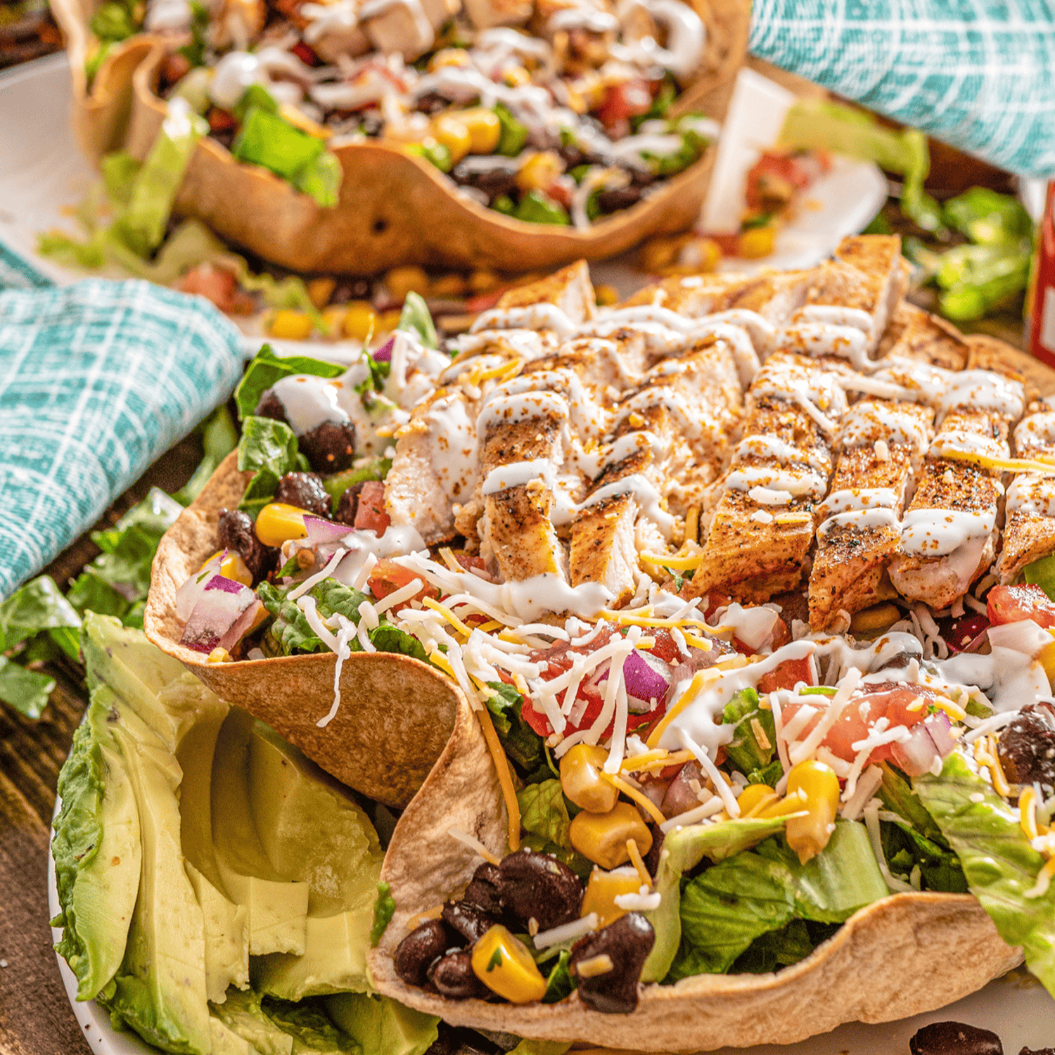Taco Chicken Tostada Salad with Crispy Baked Shells